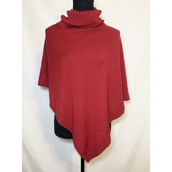EILEEN FISHER Merino Wool Red Turtle-Neck Asymmetrical Poncho Sweater Women's OS - Picture 1 of 9